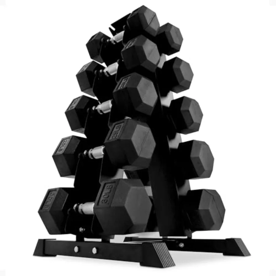HEAVY DUTY RUBBER COATED HEX DUMBBELL SET WITH A FRAME RACK BLACK SOLID CAST IRON HOME GYM WEIGHTS