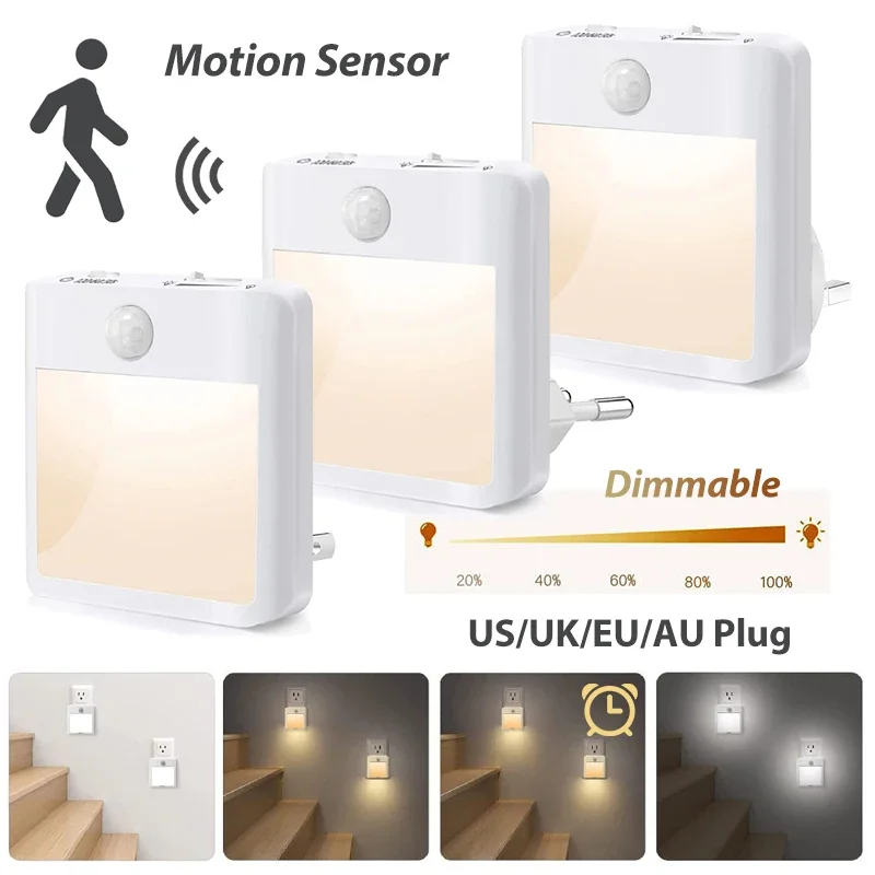 Motion Sensor Night Lights with US EU UK AU Plug Dimmable LED Warm White Ambient Light for Bedroom Living Room Toilet Stairs β image 1